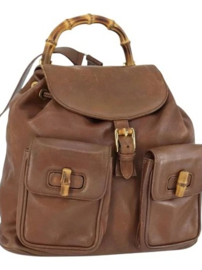Gucci Bamboo Backpack Leather Brown Gold 003